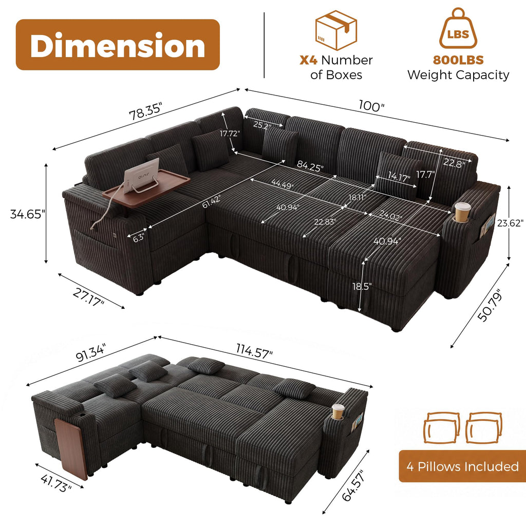 100" Modular Sectional Sleeper Sofa with Pull Out Bed/Side Table/USB Charging/Storage Chaise, U Shaped 7 Seat