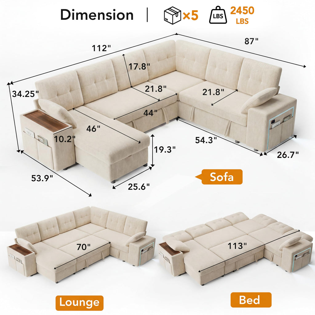 112" Modular Sectional Sleeper Sofa with Pull Out Bed, Chenille Modern 7 Seat L Shaped Couch with Reclining