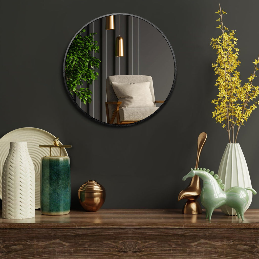 Round Metal Wall Mirror, 12 Inch, Black Frame Bathroom Mirror