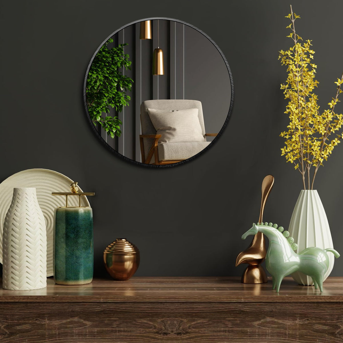 Round Metal Wall Mirror, 12 Inch, Black Frame Bathroom Mirror