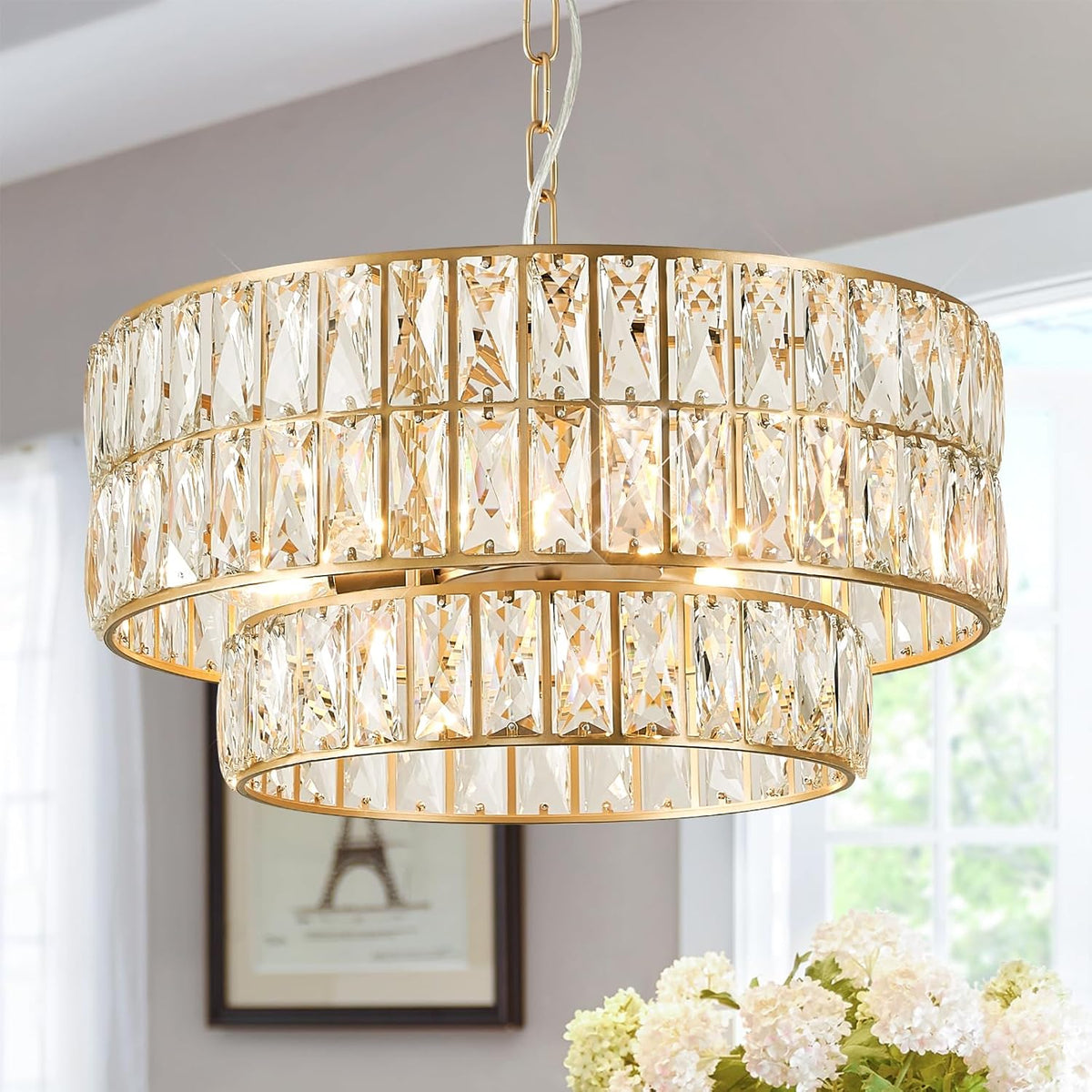 20 Inch Modern Gold Semi Flush Crystal Chandelier, Luxe Finish