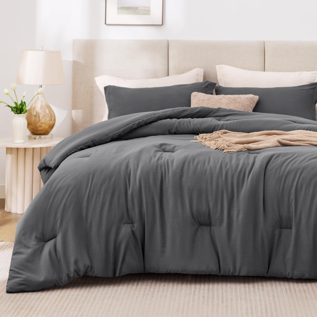 Dark Grey Comforter Set, 3-Piece Prewashed Bed Set
