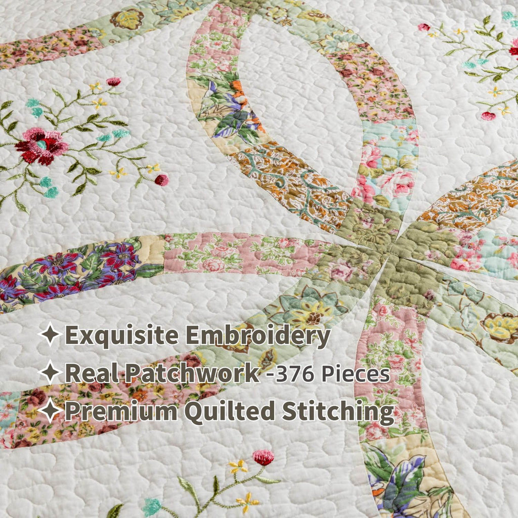 Cotton Real Patchwork Embroidery Quilt Set 3-Piece. 100% Washed Cotton. 376 Hand Cut Patches. Embroidery and Allover