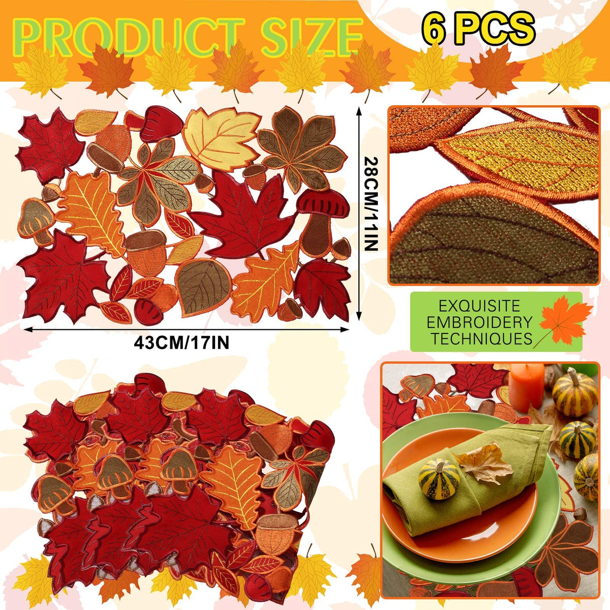 Fall Placemats Set of 6 Thanksgiving Embroidered Maple Table Mat, 11x17 in