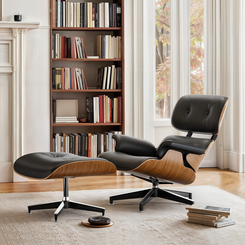 Inspired Eames Style Mid Century Modern Top PU Leather Chaise Lounge Chair & Ottoman