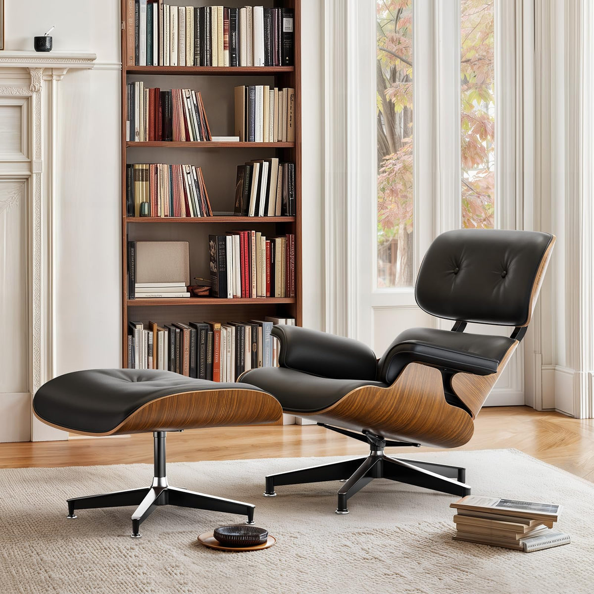 Inspired Eames Style Mid Century Modern Top PU Leather Chaise Lounge Chair & Ottoman