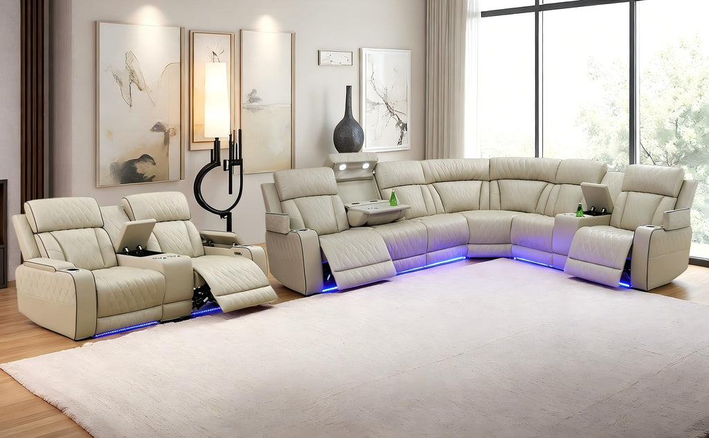 Brown Leather Recliner Sectional Couch with LED, Power Sectional Sofa and Loveseats, Power Recliner Sofa Set