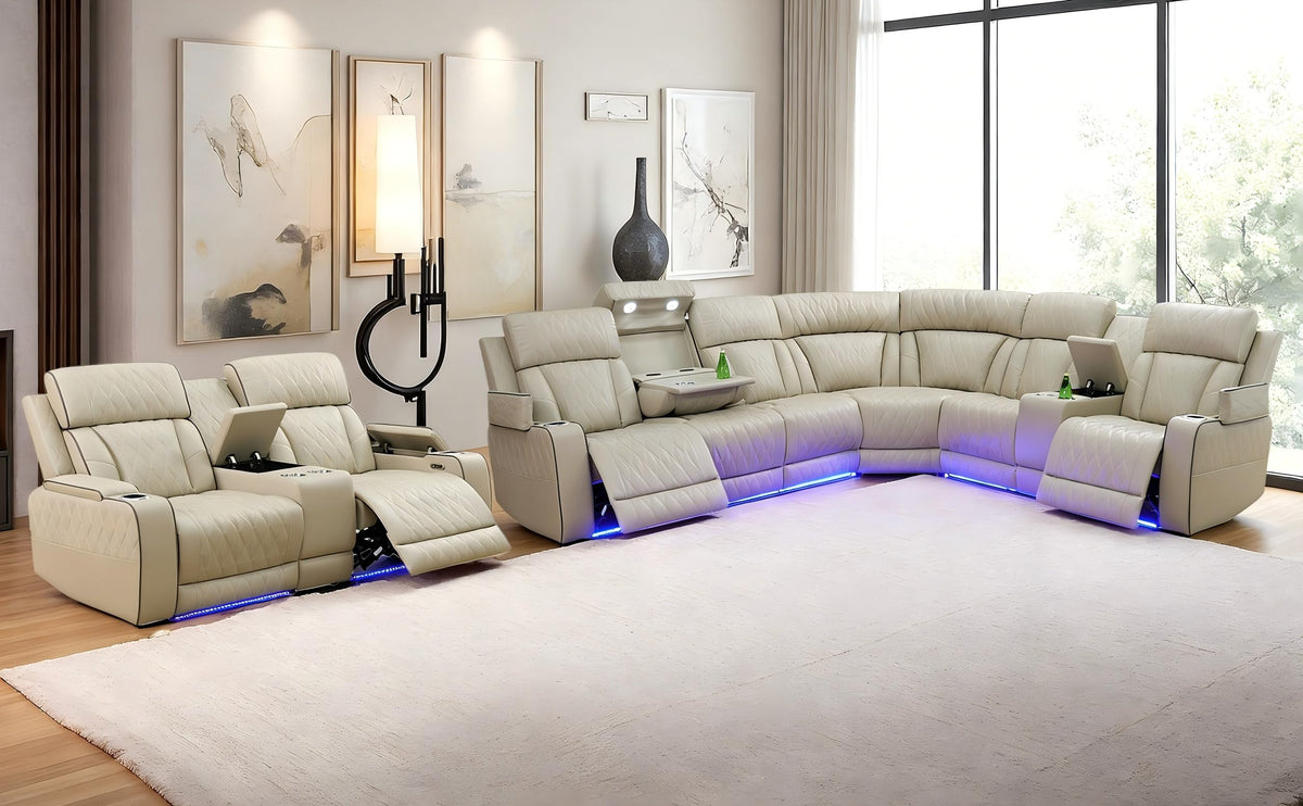 Brown Leather Recliner Sectional Couch with LED, Power Sectional Sofa and Loveseats, Power Recliner Sofa Set
