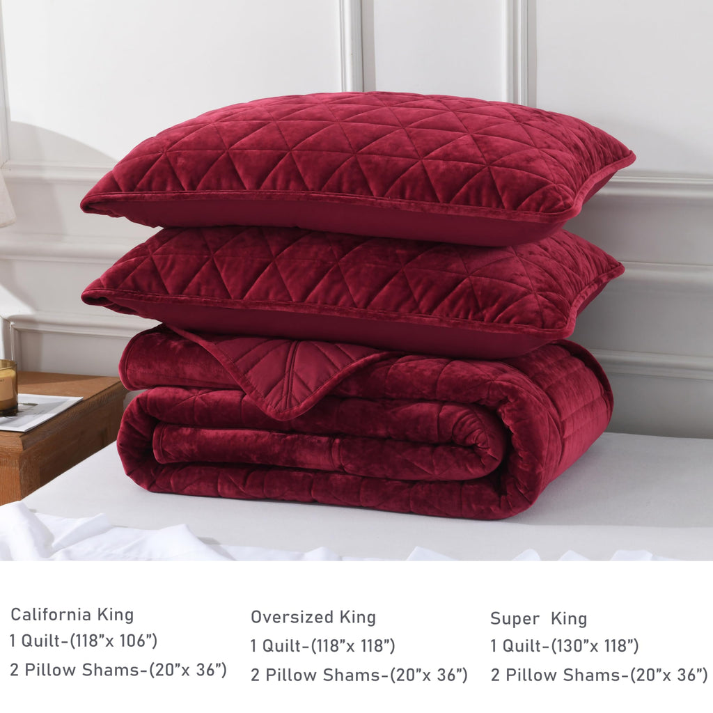 Burgundy Velvet Quilt, Comforter Set Wine Red Bedding Set (118"*118") with 2