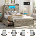 Farmhouse Bed Frame with 2 Storage Drawers, Wooden Platform Bed with LED Lights and Charging Station