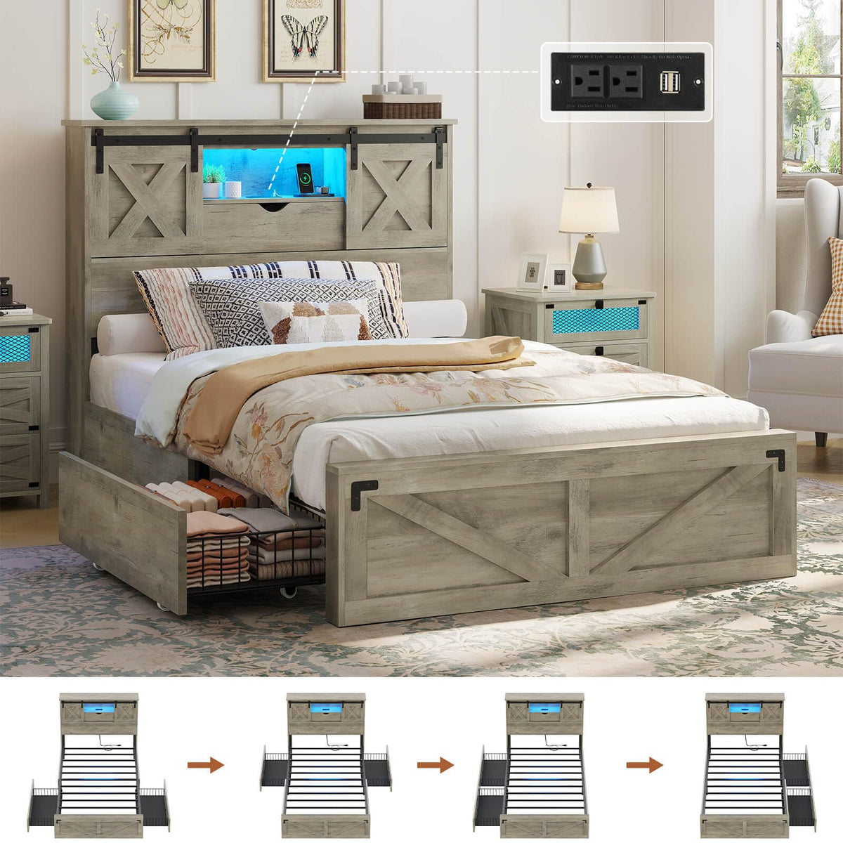 Farmhouse Bed Frame with 2 Storage Drawers, Wooden Platform Bed with LED Lights and Charging Station