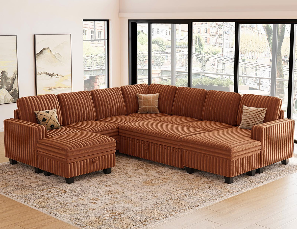 Oversized Sofa Bed Modular Sectional Sleeper Sofa with Pull Out Bed L Shaped Couch with Storage Chaise Brick Red Couch
