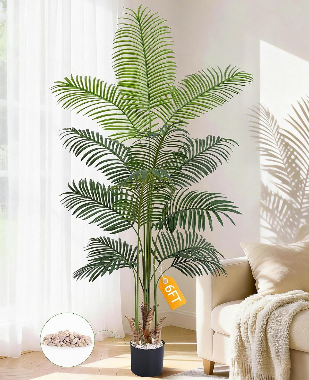 6 FT Artificial Plants Indoor, Tall Plant Palm Tree with Weighted Planter, Tropical Fake Tree with Realistic Leaves &