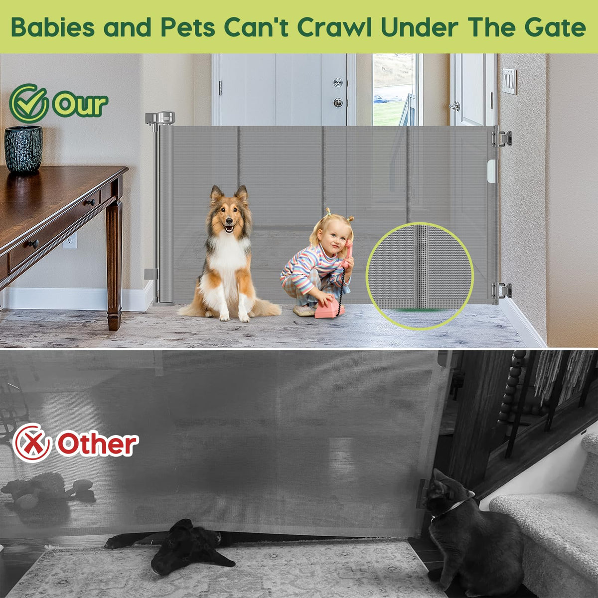 Reinforced 55" Wide Retractable Dog Gate with Support Rods, 33" Tall Retractable Baby Gate for Dogs, No Sag and