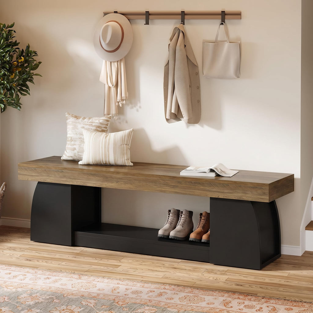 63" Entryway Bench with Storage, 2-Tier Farmhouse Long End of Bed Bench with Studry Frame, Narrow Wooden Indoor Shoe