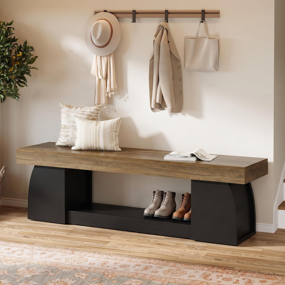 63" Entryway Bench with Storage, 2-Tier Farmhouse Long End of Bed Bench with Studry Frame, Narrow Wooden Indoor Shoe