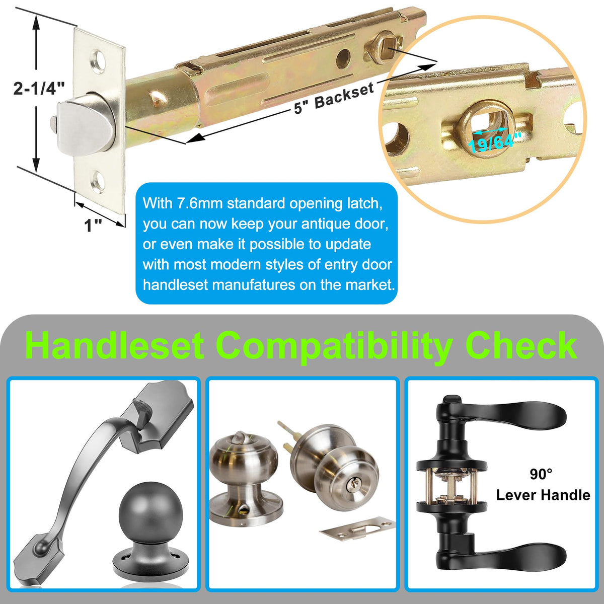 5" Backset Entry Door Latch with Standard Keyed Knobset, 19/64" (7.6mm) Square Interface with Square Corner