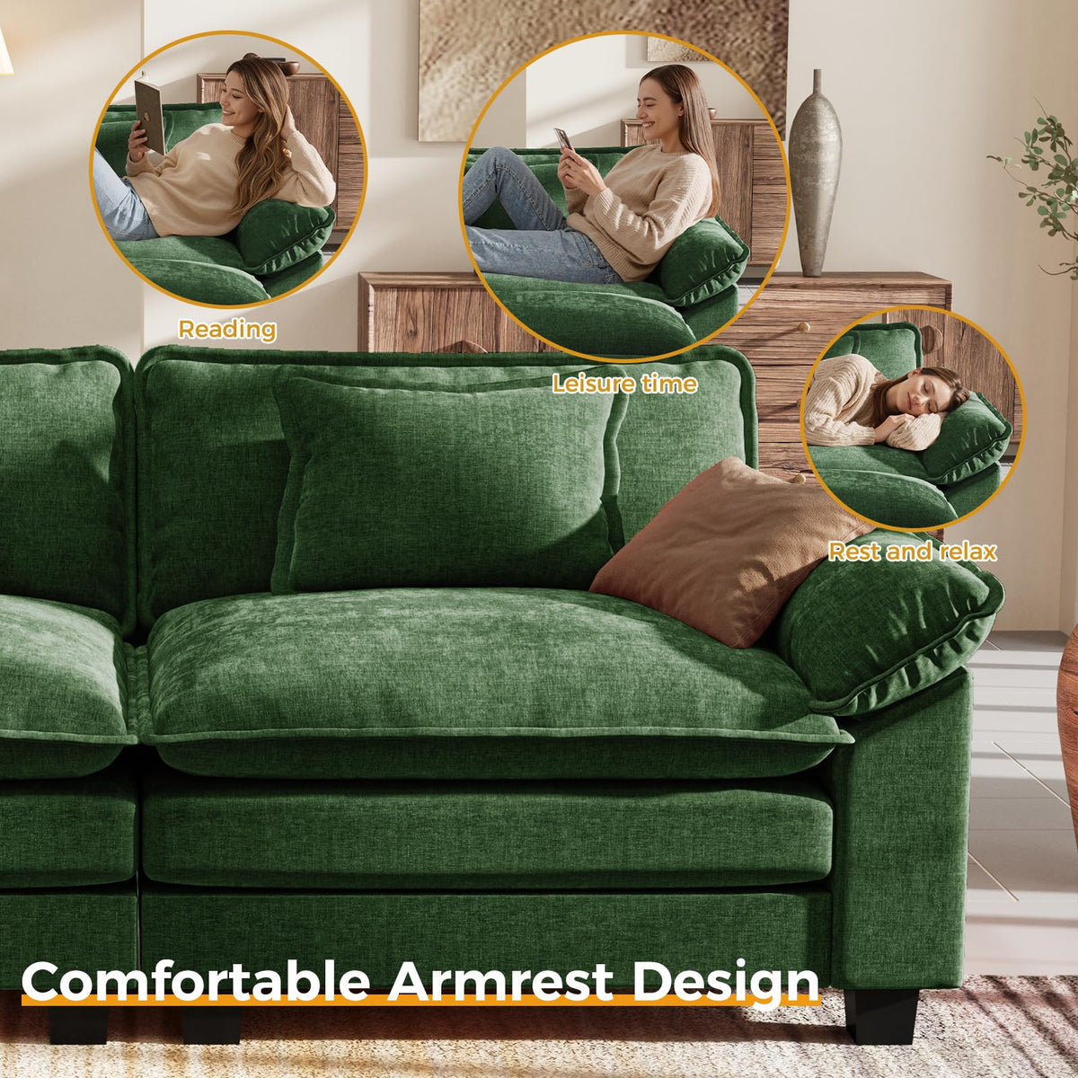 156" U Shaped Modular Sectional Cloud Couch with Ottoman, 7-Seats Chenille Comfy Deep Seat Upholstered Modern Sofa