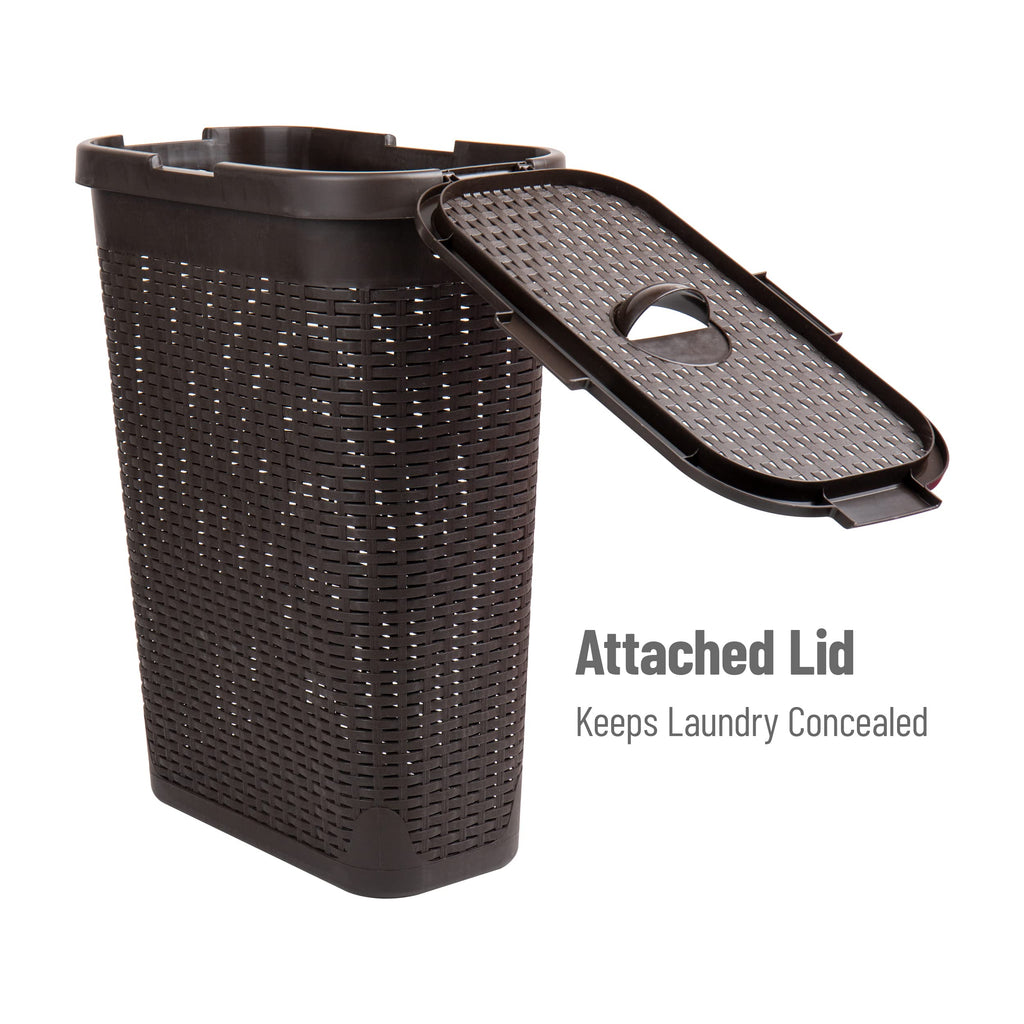 Slim Laundry Hamper with Lid, 40L Clothes Basket, Narrow Tapered Design with Ventilated Cutout Pattern, Plastic, Brown