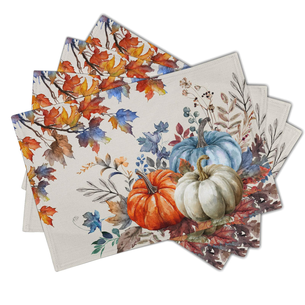 Fall Placemats Set of 4, 12 x 18 Inch Blue and Orange Pumpkin Fall Maple Leaves Washable Heat Resistant Rectangle