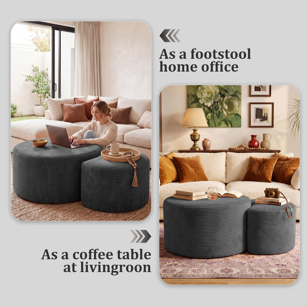 Boneless Ottoman Nesting Coffee Table Set of 2, Corduroy Soft Foot Rest Movable LargePouf Footstool Sofa Couch Bedroom