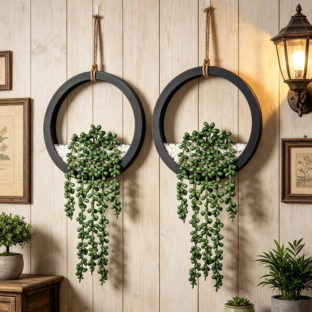 Boho Wall Decor, 2Pcs Fake Hanging Plants Artificial Succulents, Indoor Hanging Planter Greenery Decor, Perfect