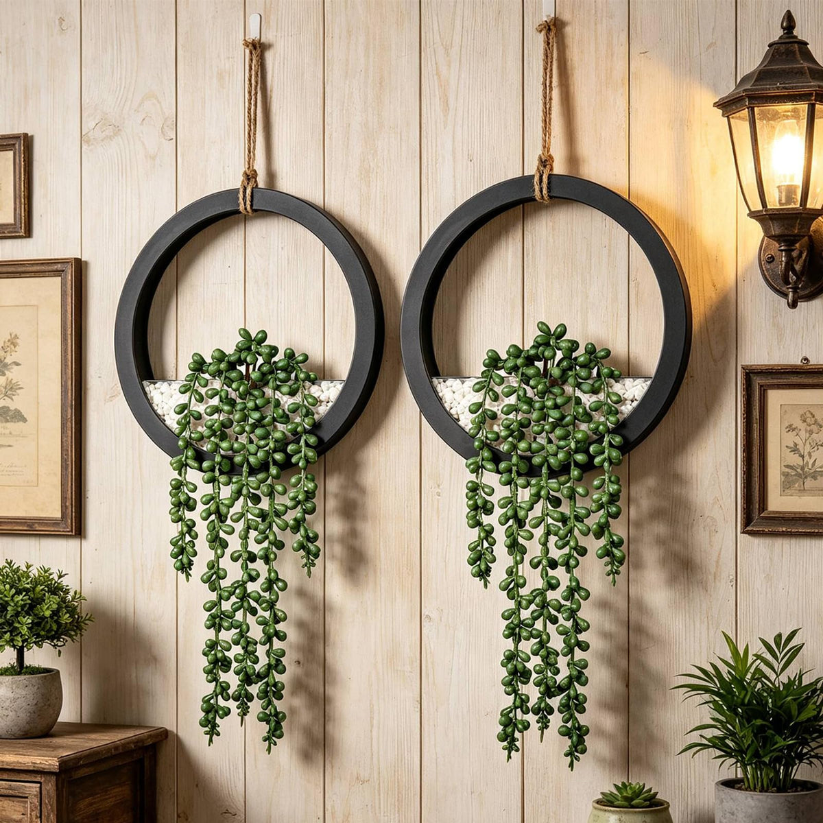 Boho Wall Decor, 2Pcs Fake Hanging Plants Artificial Succulents, Indoor Hanging Planter Greenery Decor, Perfect