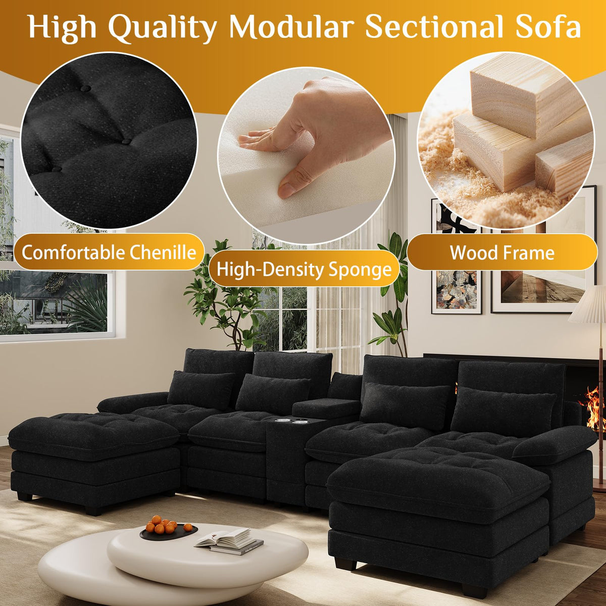134" U-Shaped Shimmer Chenille Sectional Couch, Black