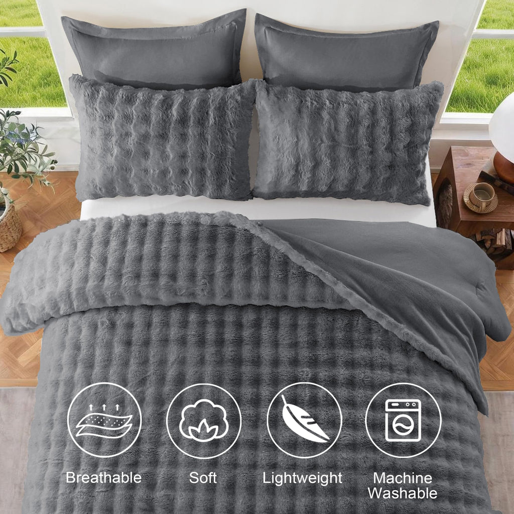 2-in-1 Faux Rabbit Fur Comforter Set, 6-Piece Grey