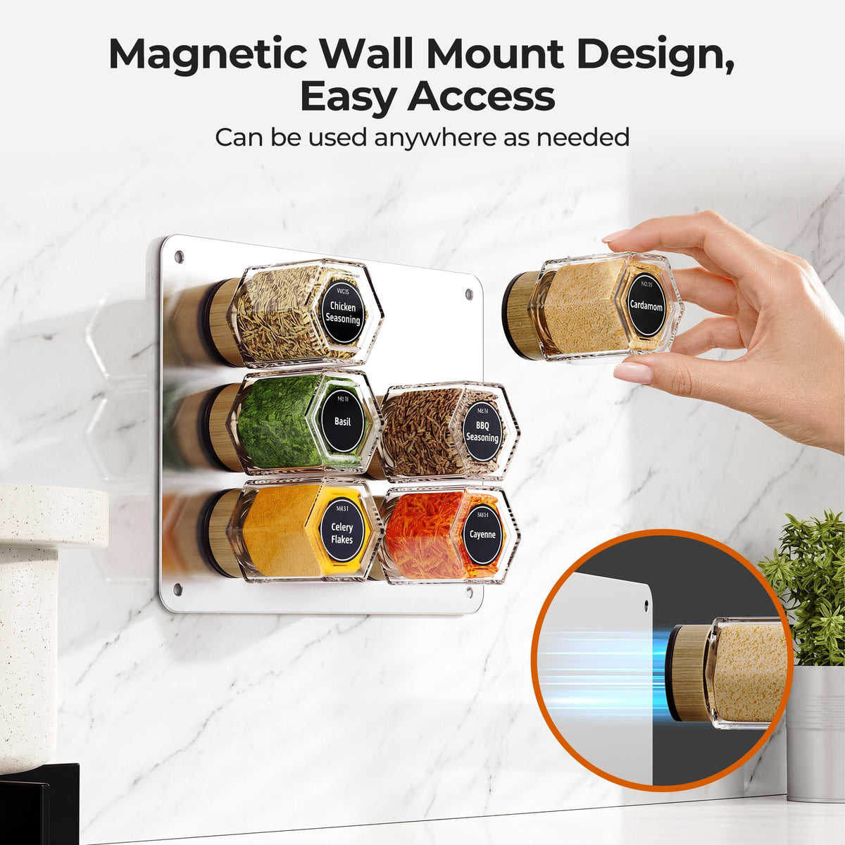 Set of 12 Magnetic Spice Tins with 2 Black Metal Wall-Plates,100 Preprinted Seasoning Label Stickers,2 Styles for 3