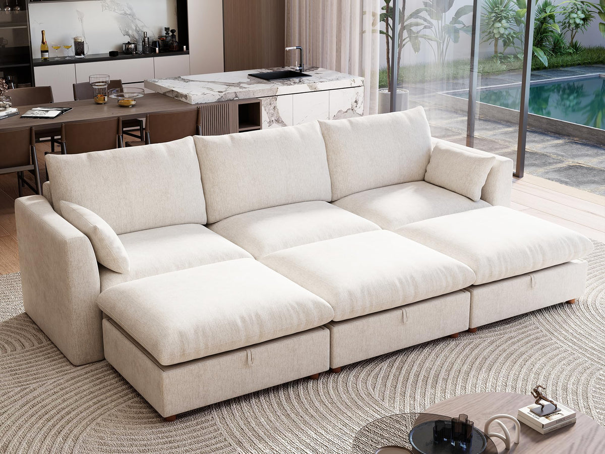 117" Oversized Modular Sectional Sofa, Modern Cloud Couch with 3 Storage Ottoman, 6-Seat Comfy Chenille Deep Seat