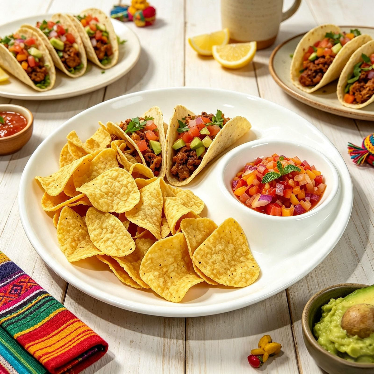 1Pack 12inch White Ceramic Chips and Dip Serving Tray- Large Divided Party Bowl Set for Chips & Salsa, Veggies & Dip
