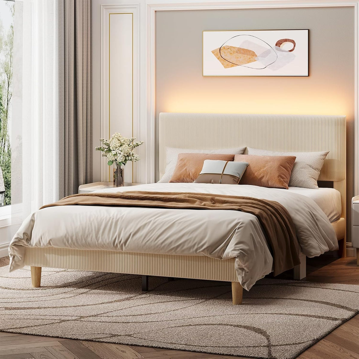 Queen Bed Frame with Headboard,Platform Queen Bed Frame with LED Lighting,Bed Frame Wooden Slats Support,No Box