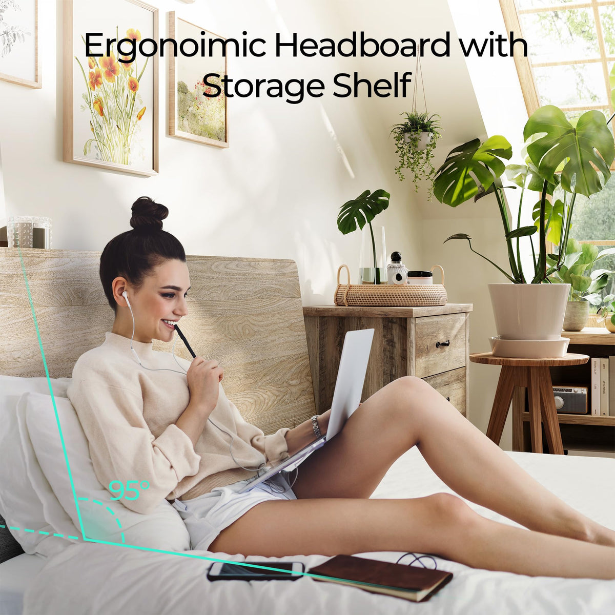 Queen Bed Frame with Ergonomic Headboard, Farmhouse Wood Bed Frame Queen Size with Storage Shelf, Noise-Free, No Box