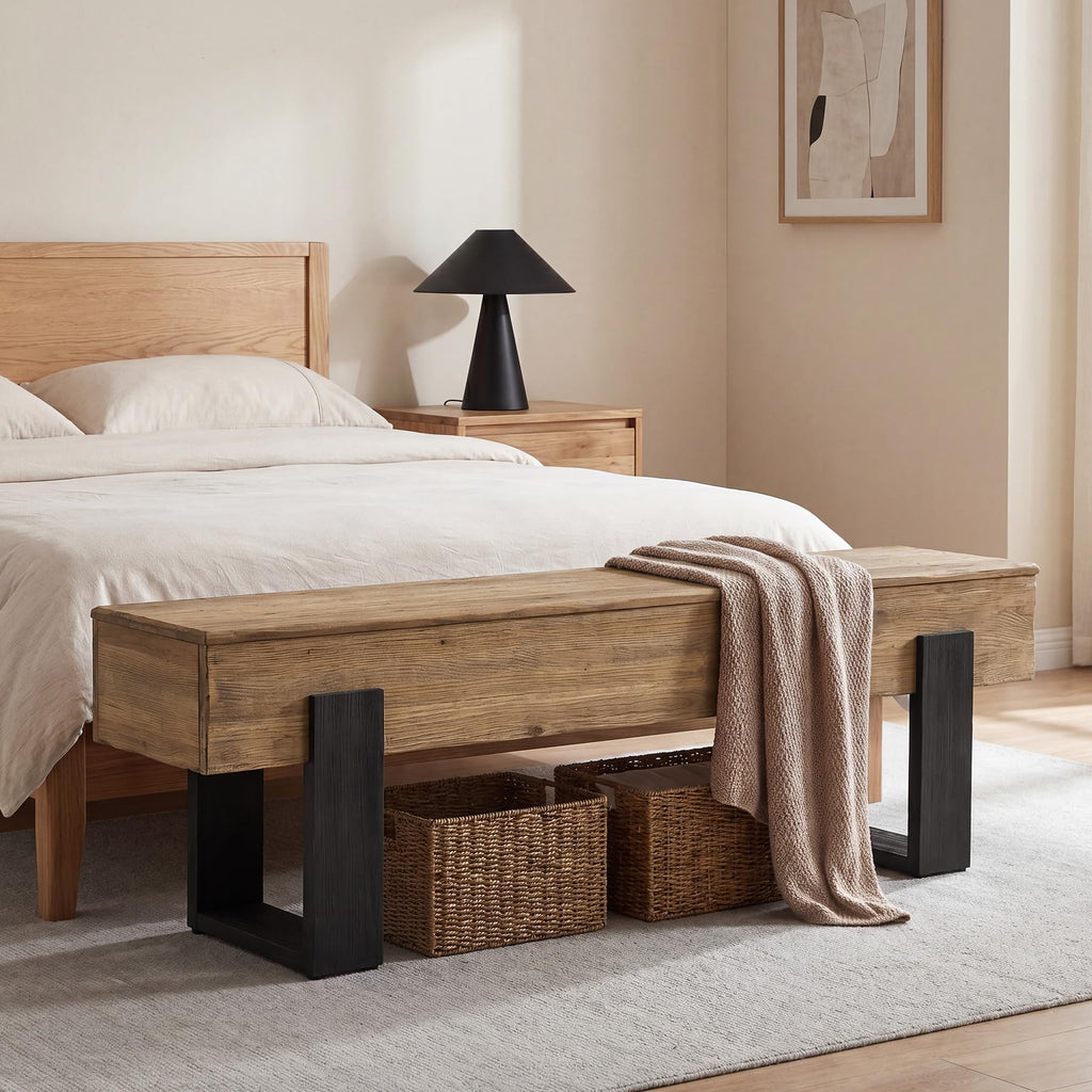63-Inch Solid Wood Entryway Bench, Farmhouse Indoor Shoe Bench with Thickened Legs, Heavy Duty Wooden End of Bed
