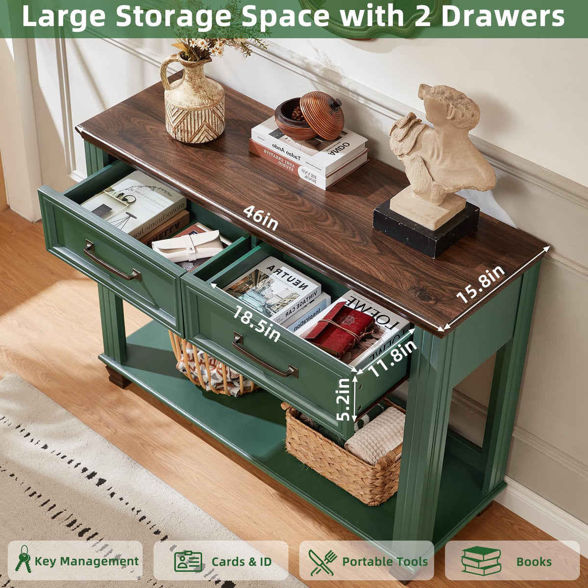 46" Farmhouse Console Table with Drawers, Green Entryway Table
