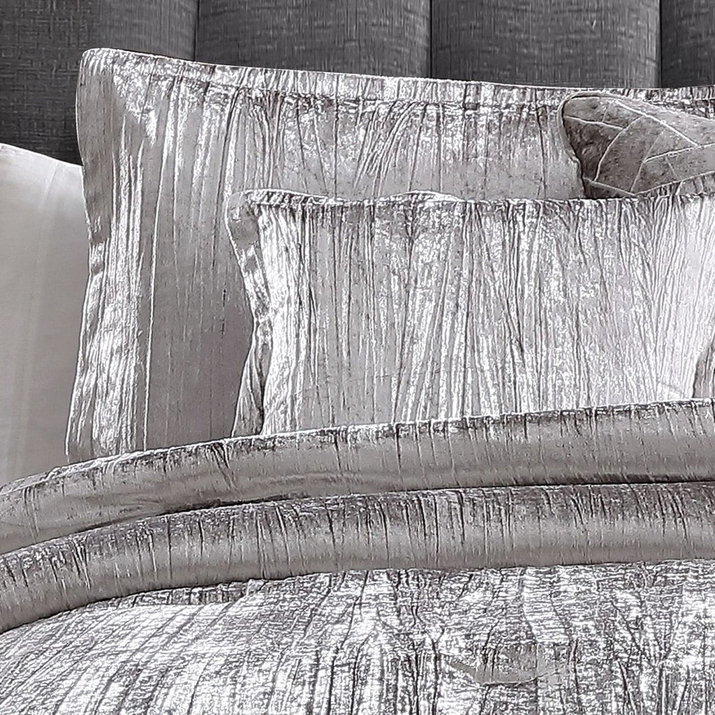 Turin Crinkle Velvet Comforter Bedding Set, King Size, Glam Textured Décor, Silver, 7 Pieces