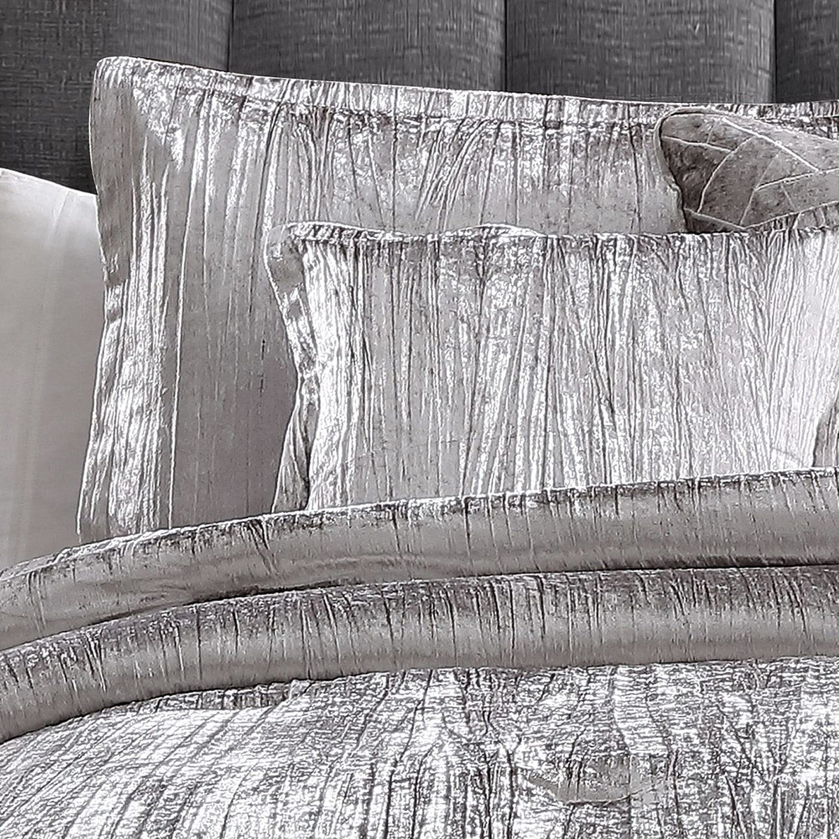 Turin Crinkle Velvet Comforter Bedding Set, Queen Size, Glam Textured Décor, Silver, 7 Pieces