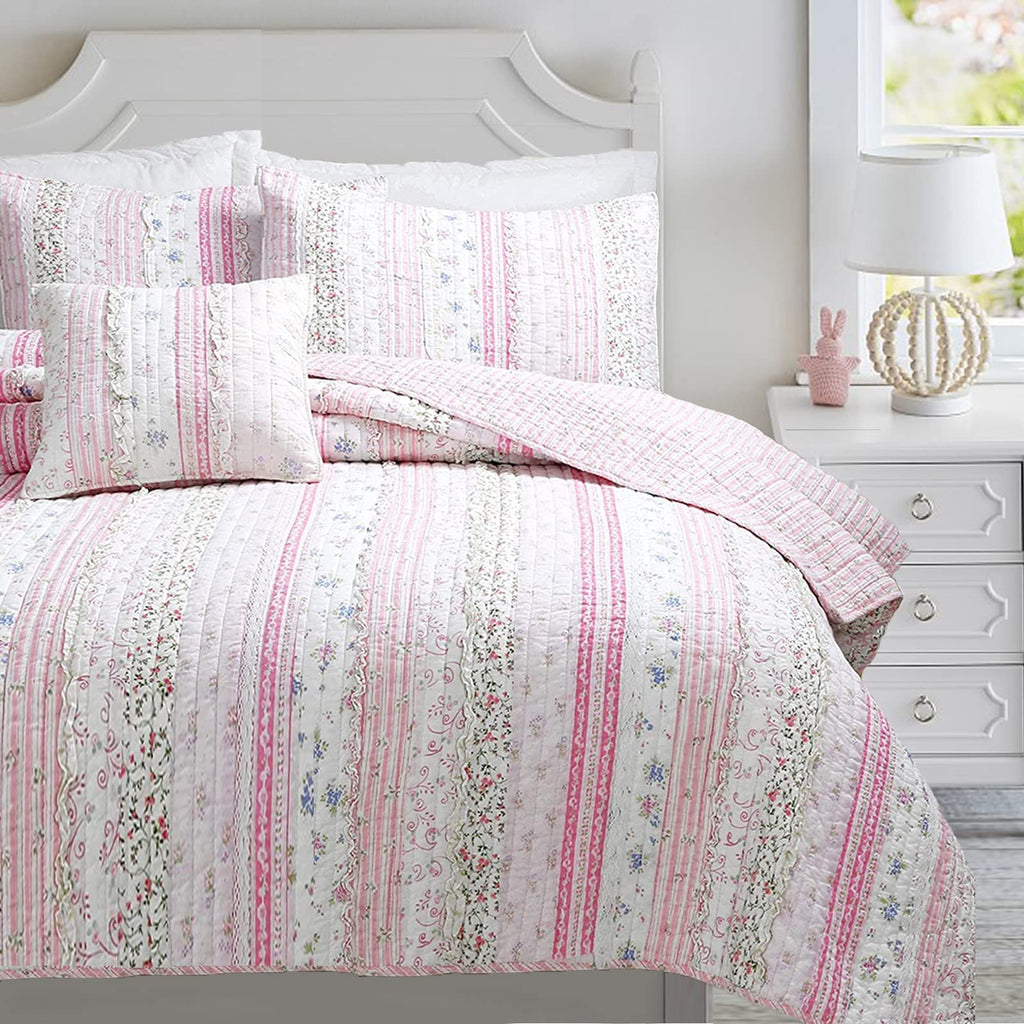 Shabby Chic Pink Flower Lace Ruffle Stripe 100% Cotton Reversible Quilt Bedding Set, Coverlet, Bedspread (Pink