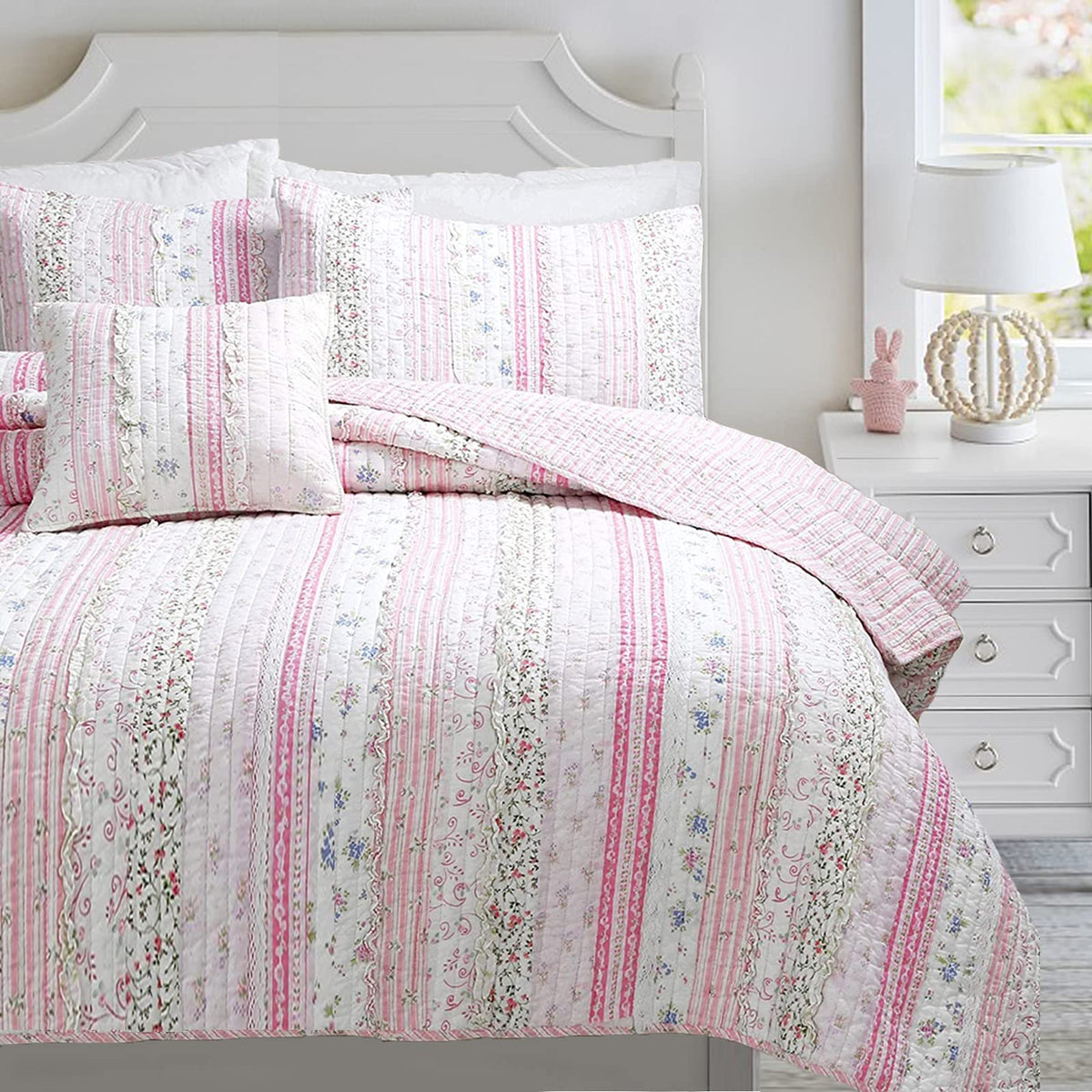 Shabby Chic Pink Flower Lace Ruffle Stripe 100% Cotton Reversible Quilt Bedding Set, Coverlet, Bedspread (Pink