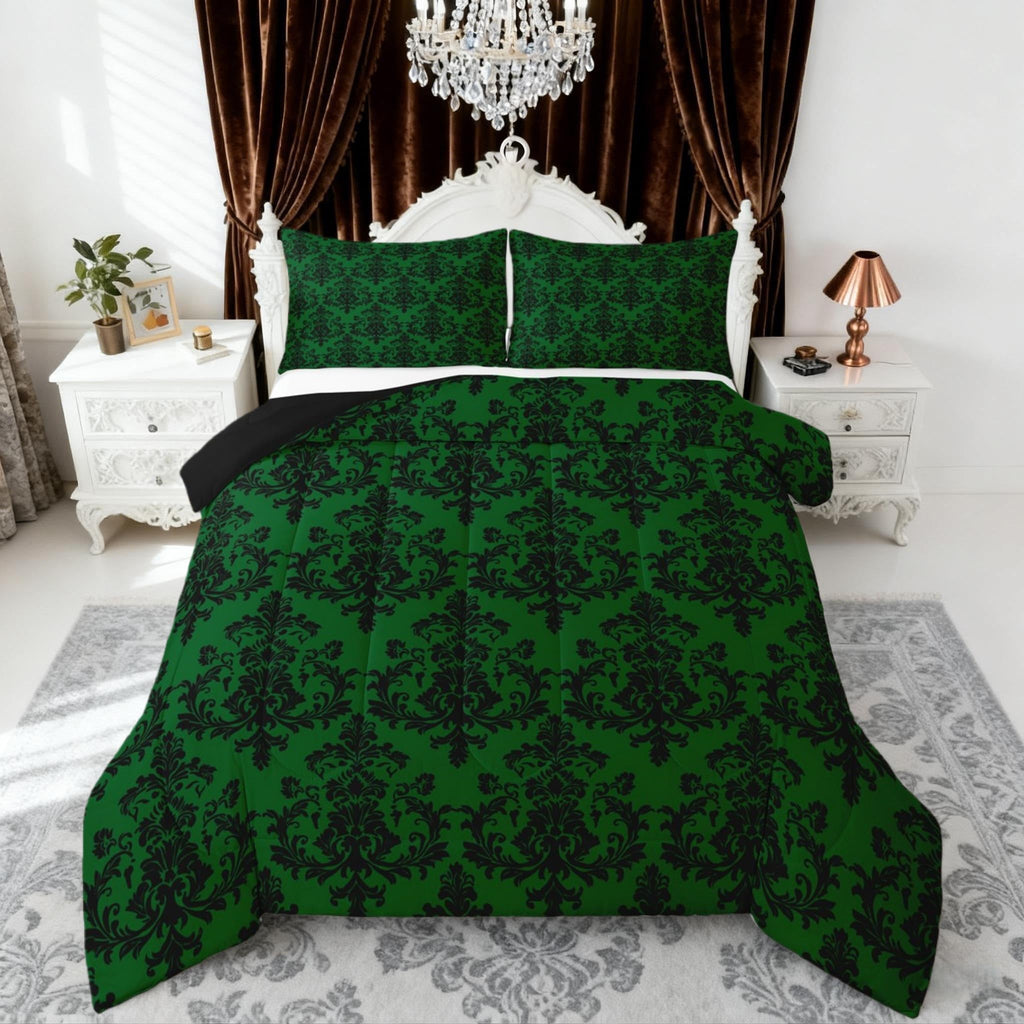 Green Black Damask Bedding Sets Full Size, Antique Victorian Baroque Boho Reversible Down Comforter Breathable