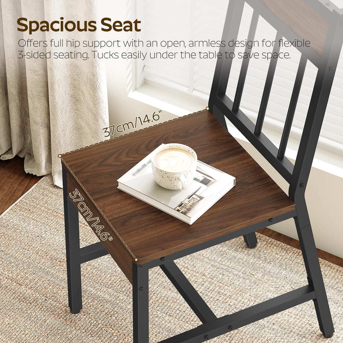 Dining Chairs Set of 4, Kitchen Chairs with Metal Frame, Slanted Back, Industrial Dining Chair Set, Dark Walnut and