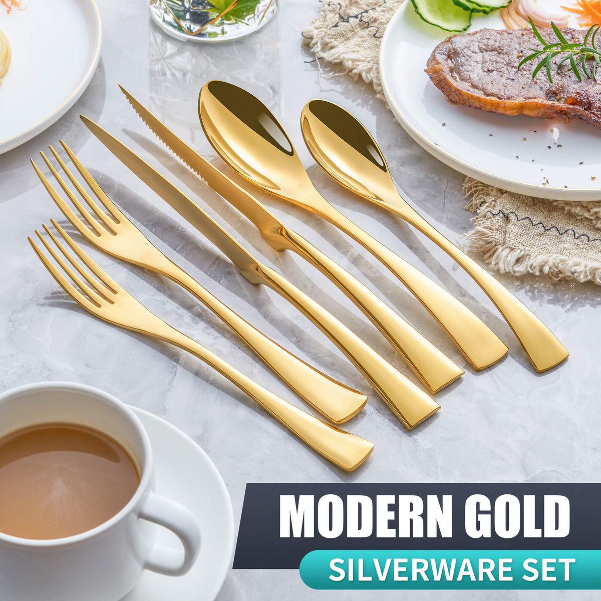 24 Pieces Gold Silverware Set with Steak Knives Service for 4,Modern 18/10 Stainless Steel Flatware Cutlery