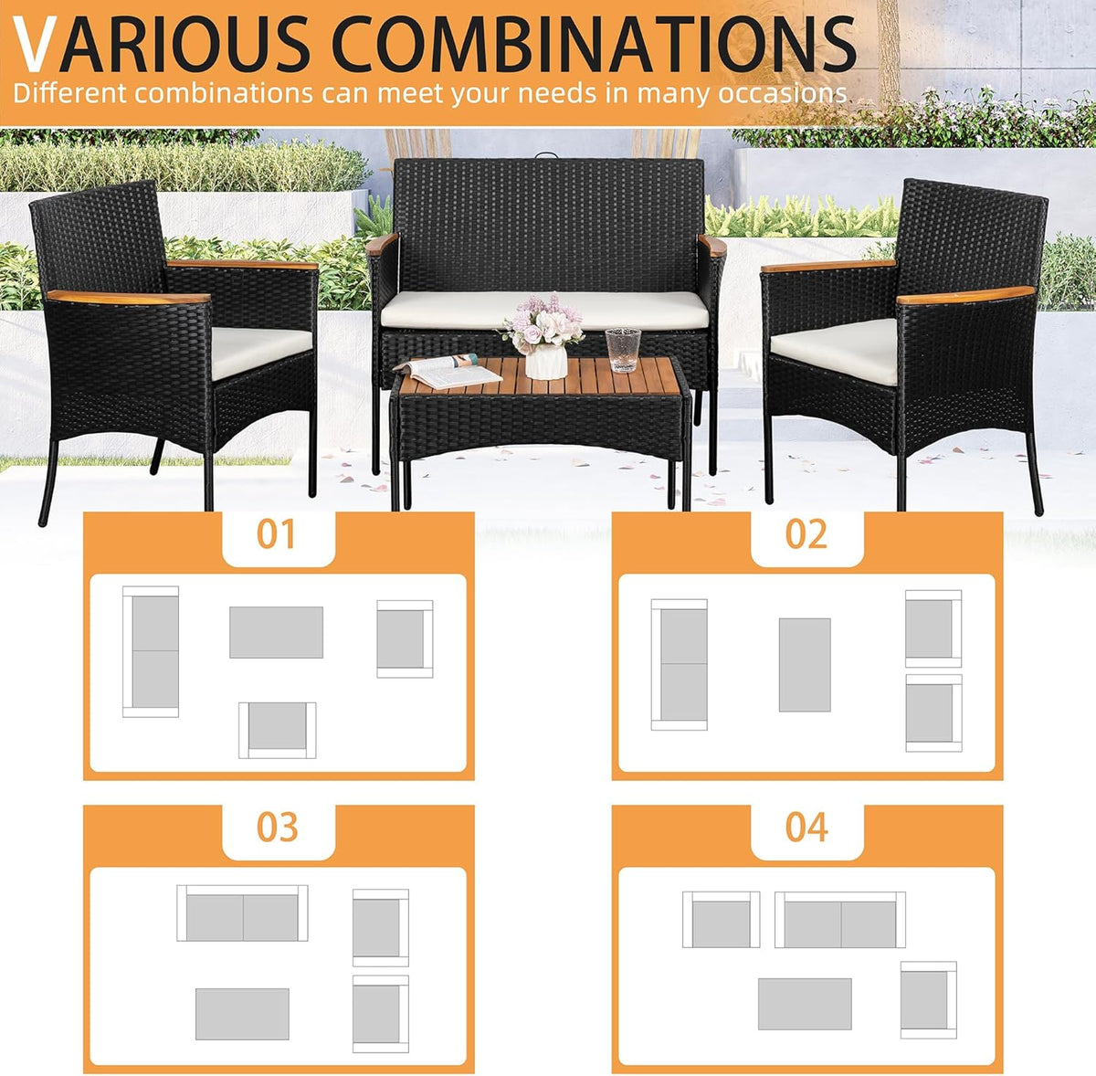 4-Piece Patio Furniture Set, Outdoor Wicker Patio Conversation Furniture Set with Cushions and Wooden Tabletop for Paito Lawn Backyard Pool Garden, Black Rattan