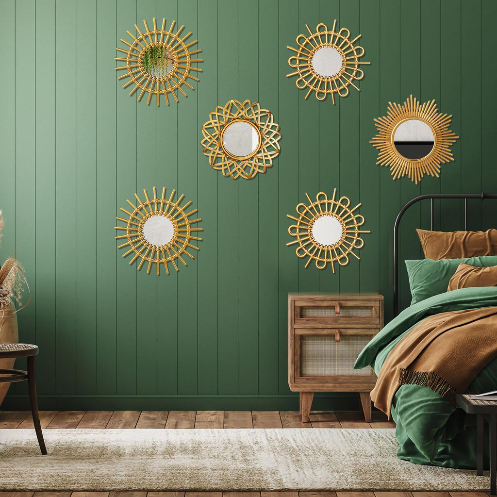 6 Pcs Sunburst Round Mirror for Wall Decor, Elegant, Gold