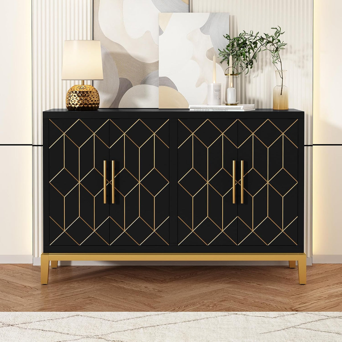 Accent Cabinet with 4 Doors&Shelves, Sideboard Buffet Cabinet with Gold Trim, Modern Black Storage