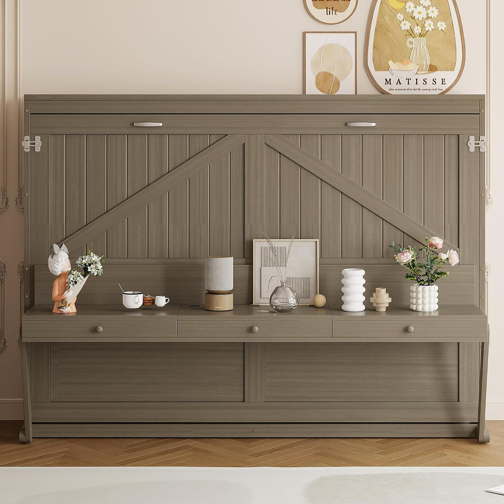 Queen Horizontal Murphy Bed with Desk and Storage Drawers & Mirror, Wood Farmhouse Folding Murphy Bed Cabinet with Storage Drawers and Vanity Desk, for Adults (Distressed Gray)