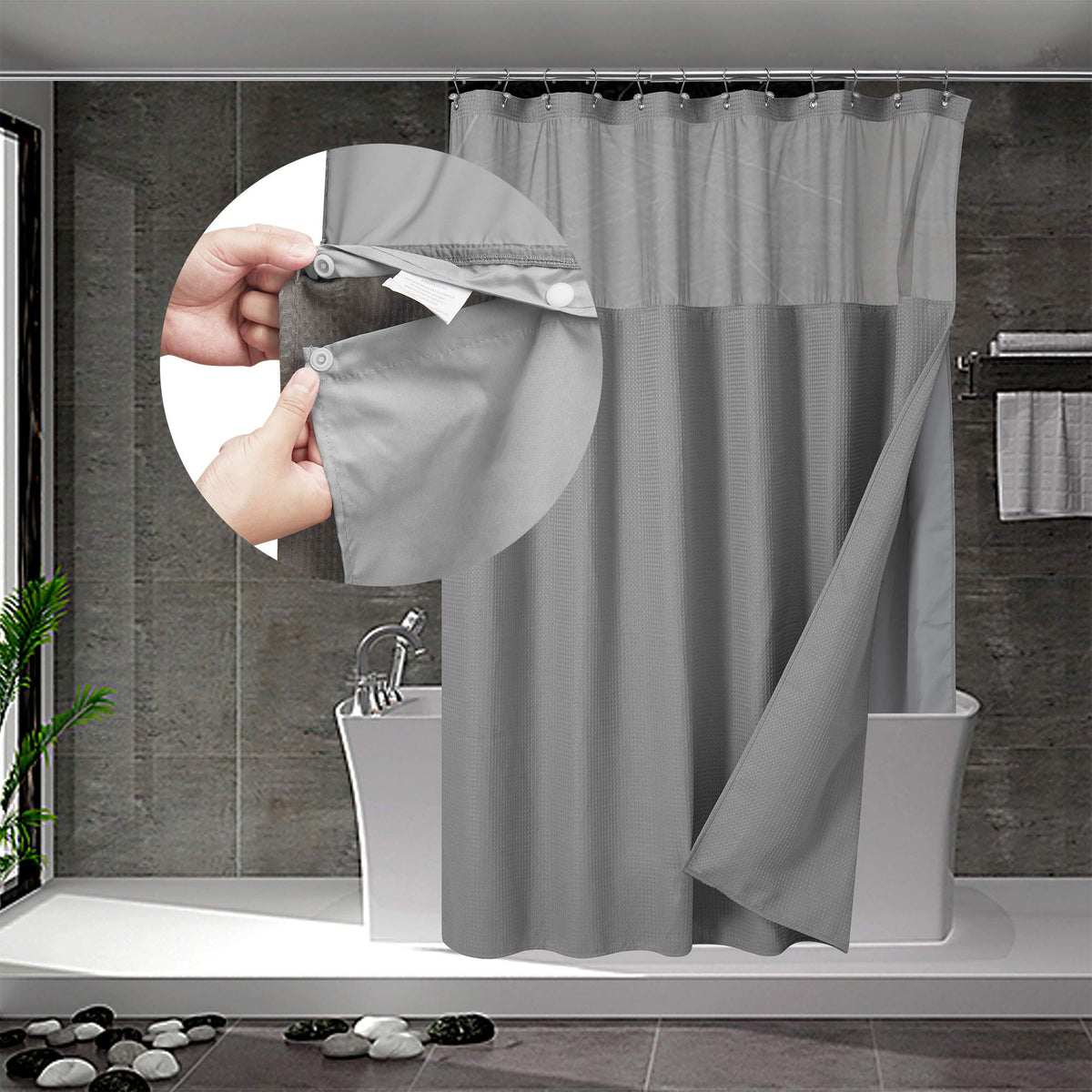Waffle Weave Shower Curtain with Snap-in Liner Set Gray, 71x72