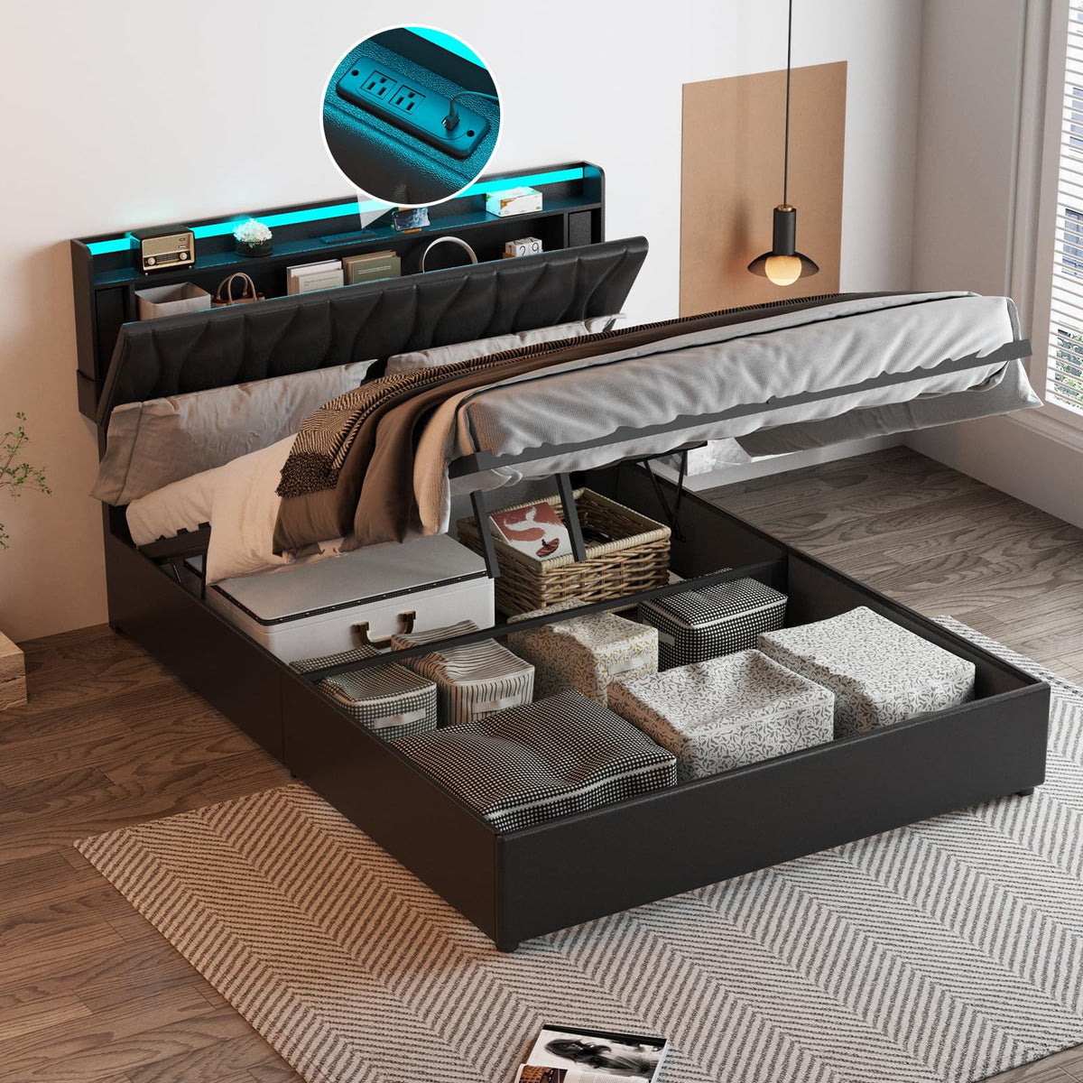 Queen Size Lift Up Storage Bed Frame with Adjustable Headboard, Charging Station, LED Lights, Wood Slats, Noise-Free