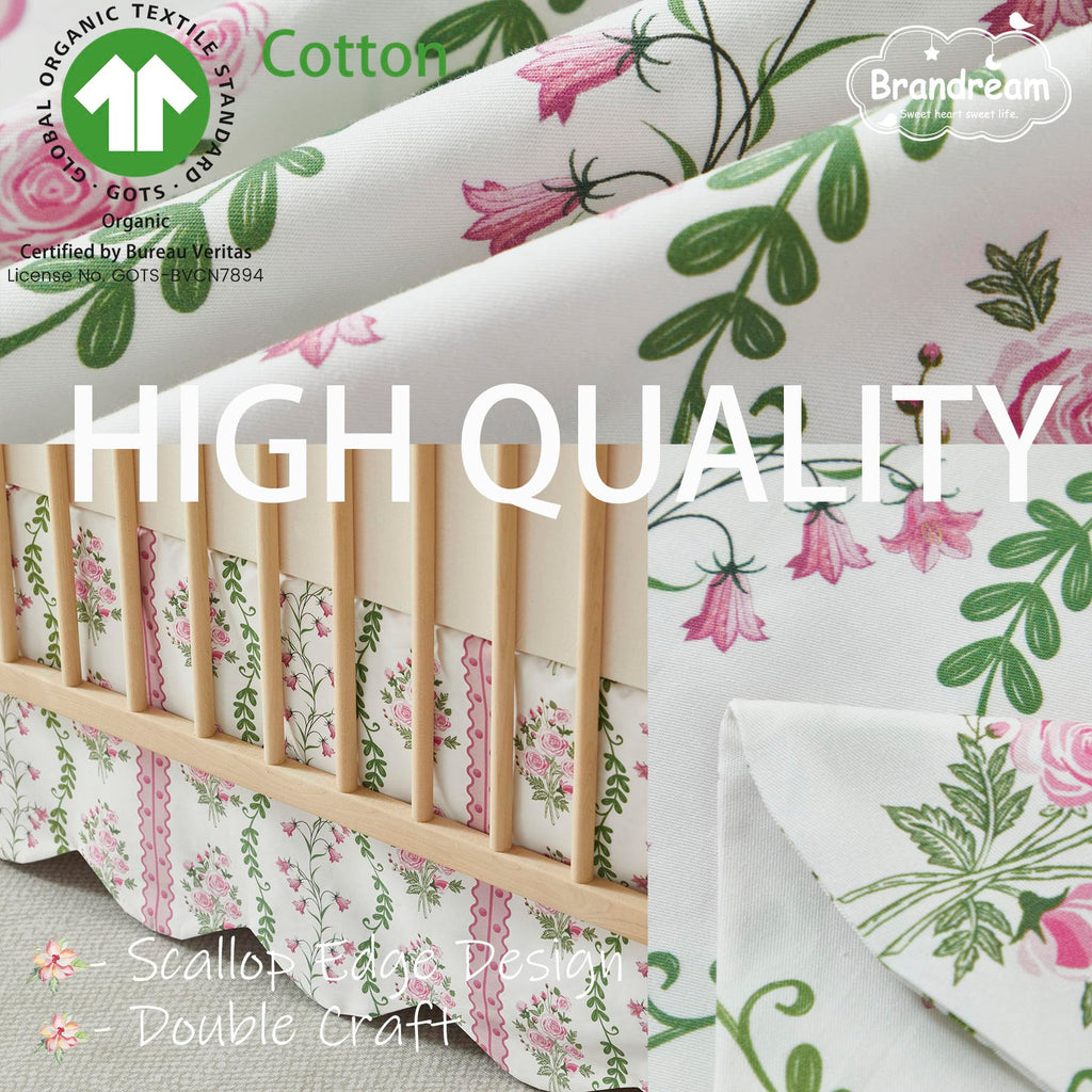 Scallop Edge Crib Skirt Organic Cotton Toddler Bedskirt Floral Stripes and Vines Baby Nursery Crib Bed Skirt Neutral